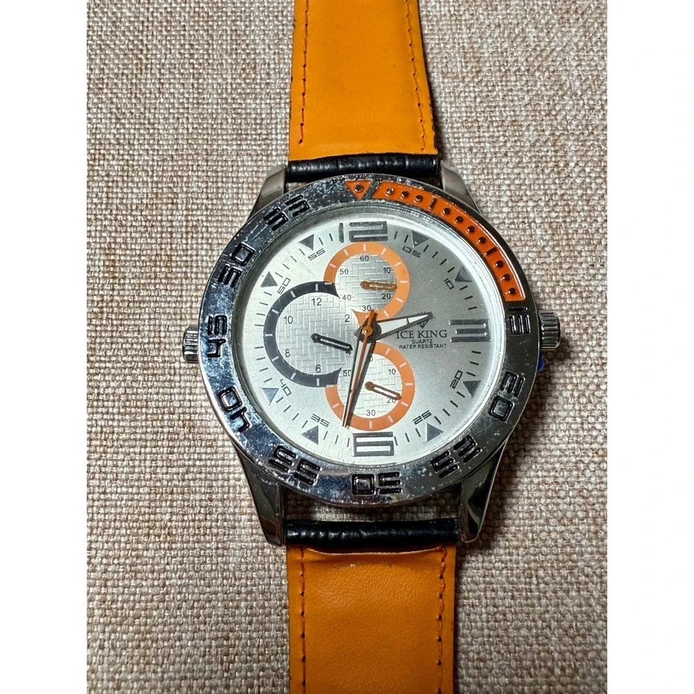 ICE KING Mens Orange Leather Strap Chronograph Watch Silver Dial Water Resistant